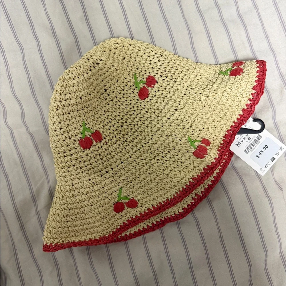 NWT Zara Braided Cherry Embroidered Hat - Picture 2 of 5